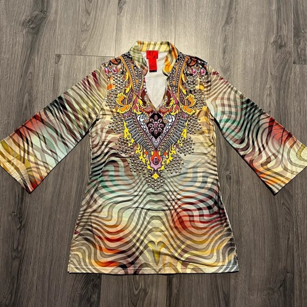 V Cristina Multicolored Studded Tunic Top Size M Bell Sleeve Boho Rhinestone